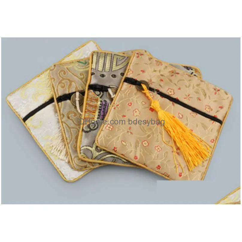 Jewelry Pouches, Bags Square Chinese Silk Jewelry Display Packaging Pouches Zipper Wedding Party Favor Gift Necklace Bracelets Pendant Dhbxk