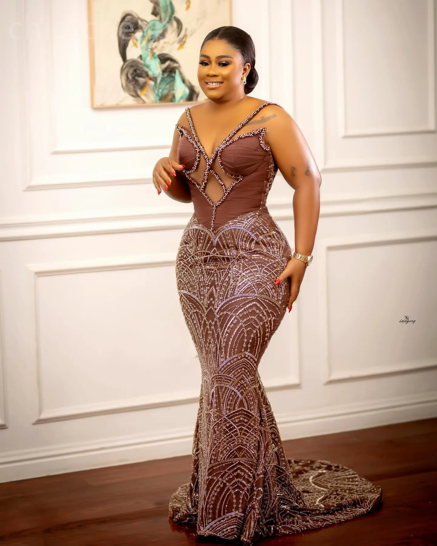 2024 Aso Ebi Chocolate Mermaid Prom Dress Beaded Sequined Evening Formal Party Second Reception 50th Birthday Engagement Gowns Dresses Robe De Soiree ZJ181