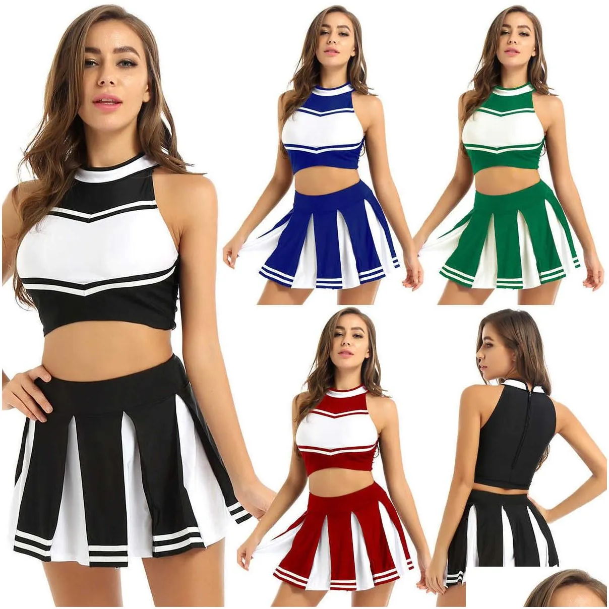 Women Adults School Girls Outfits Cheerleader Sexy Costume Sets Uniform Outfit Sleeveless Crop Top with Mini Pleated Skirt X0626