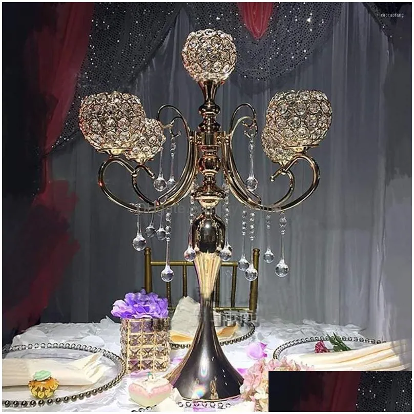 party decoration 5 arms crystal candelabras tea light metal candle holder 65cm tall wedding festival birthday centerpiece