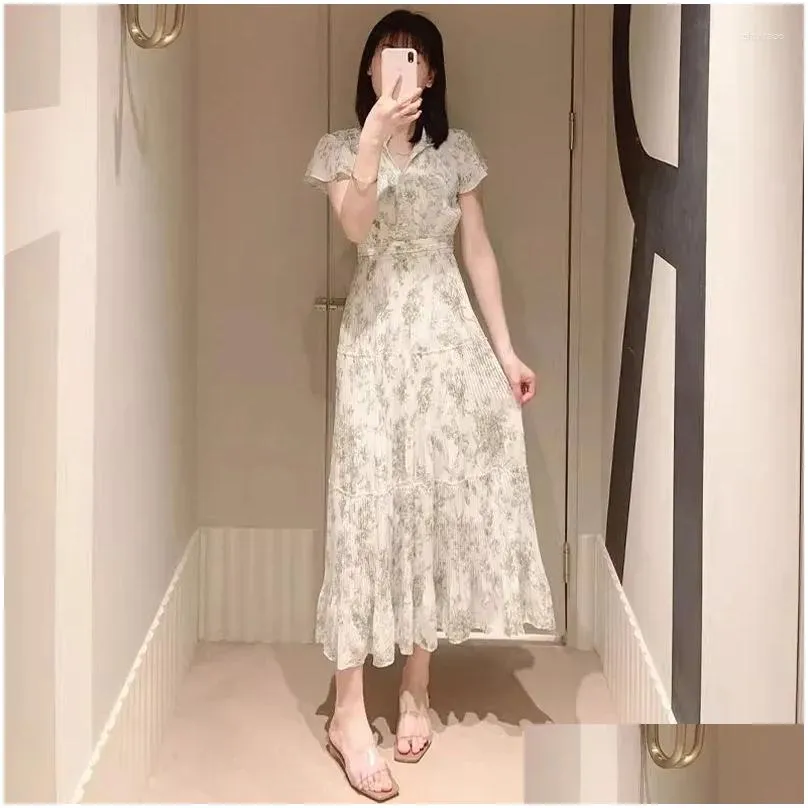 casual dresses neploe waist wrapped printed vestido feminino 2023 summer butterfly sleeve o neck robe japanese long slim fit y2k