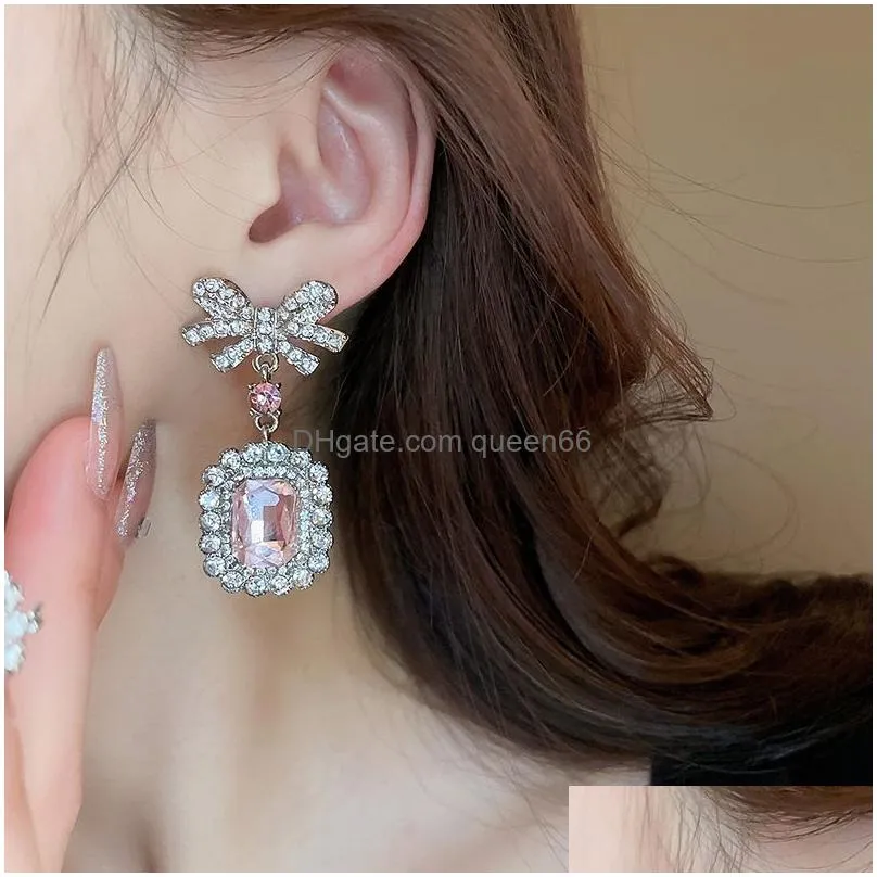 Luxury Jewelry Set Silver Plated Pink Geometry Pendant Women Crystal Rhinestone Bow Choker Necklace Stud Earrings Party Wedding Gift
