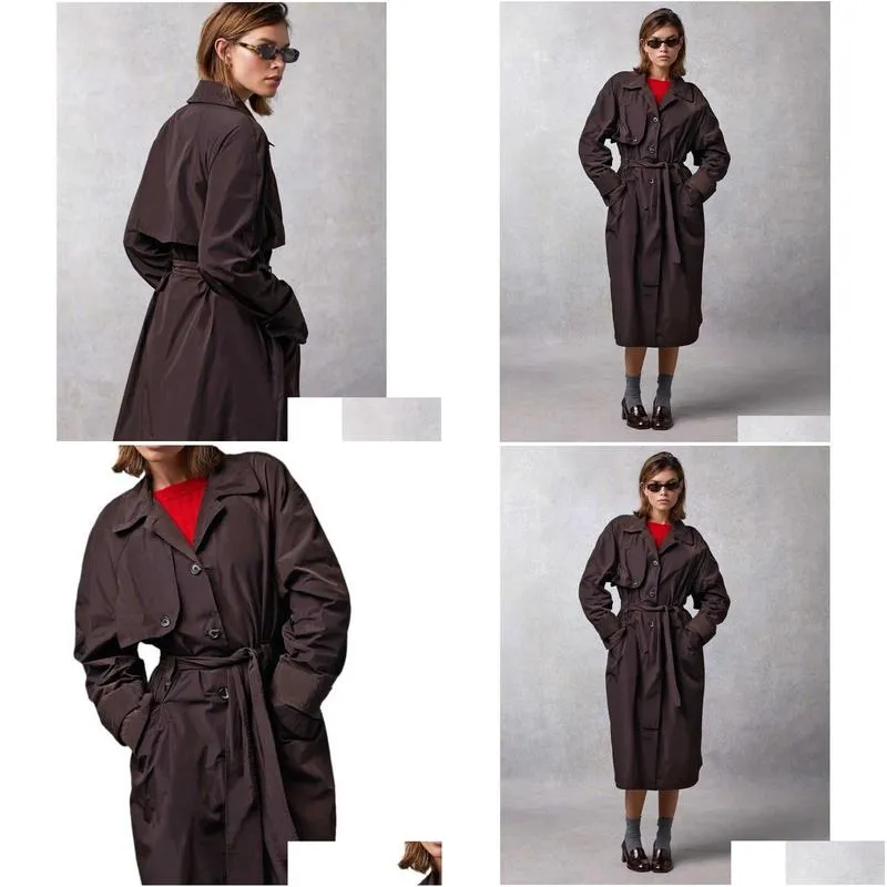 women`s trench coats autumn/winter new women`s coat light and thin smooth material lapel loose lace up mid length windbreaker 1x
