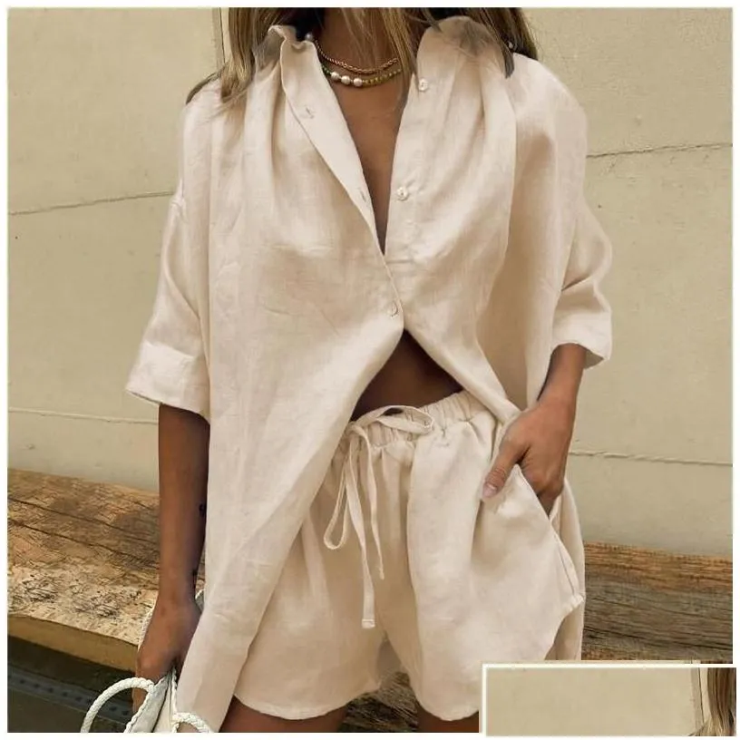 womens tracksuits womens women lounge wear shorts set short sleeve shirt tops and loose mini suit two piece cotton linen summer tra
