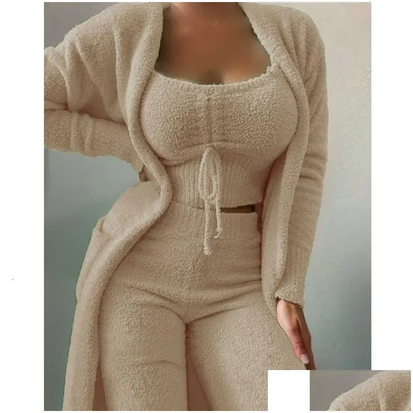 women`s two piece pants autumn winter soft fluffy three piece sets women sexy off shoulder crop tops and long pants homesuit casual ladies 3 piece suit