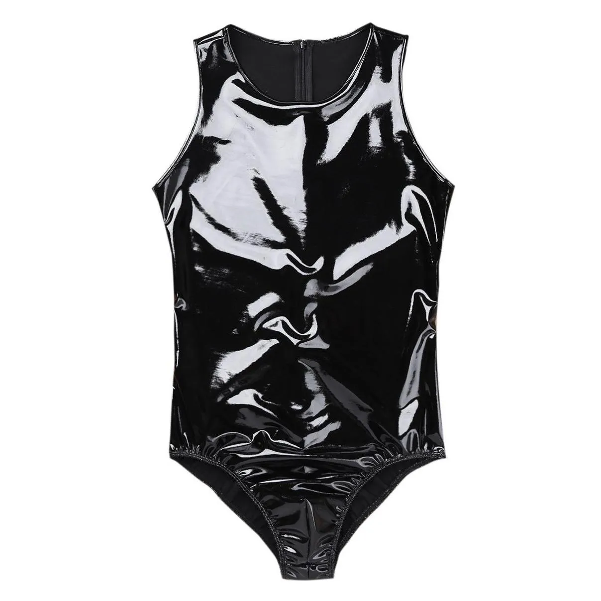 Hot Latex Catsuit Men Babydoll Body Lingerie Wetlook PVC Leather Thong Bodysuit Zipper Back Overall Jumpsuit Homme Sexy Clubwear L0407