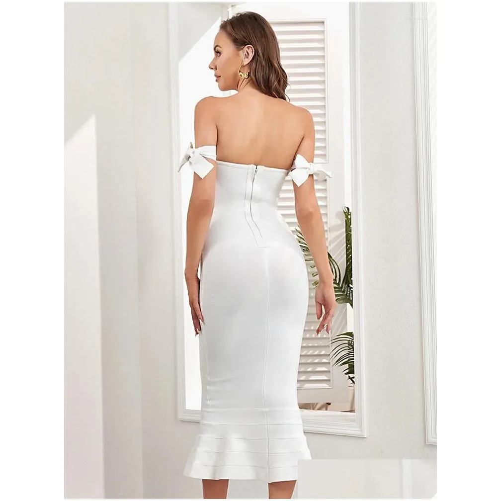 casual dresses beaukey white off shoulder ruffle trim bandage dress 2023 for women mermaid hem bow elegant bodycon bustier vestido