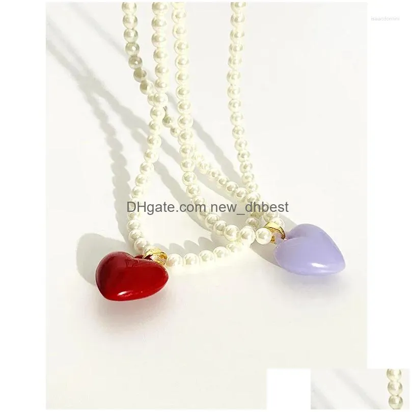 Pendant Necklaces Candy Color Heart Pendent Pearl Necklace Gold Plated For Women Summer Holiday