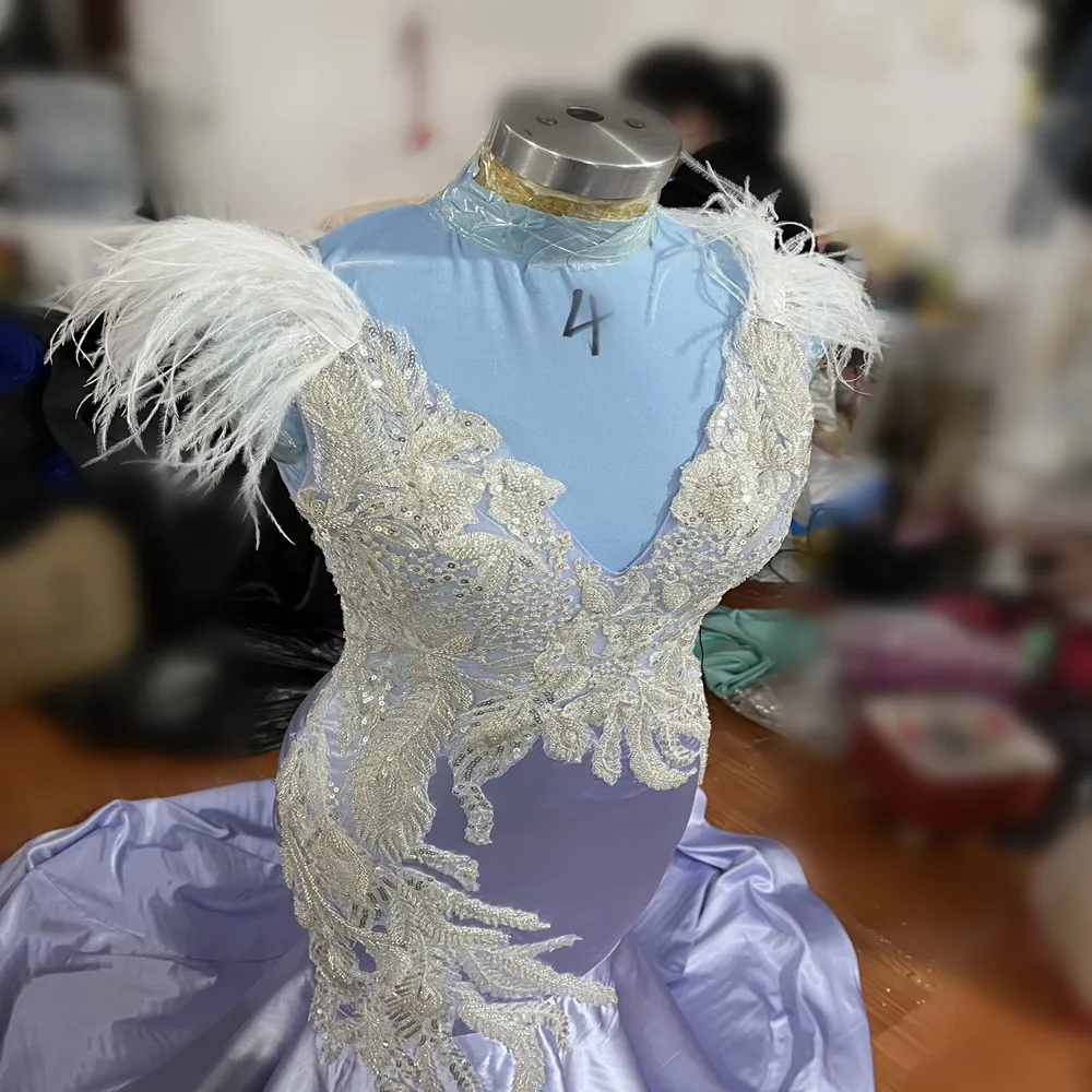2024 Aso Ebi Lavender Mermaid Prom Dress Lace Beaded Feather Evening Formal Party Second Reception 50th Birthday Engagement Gowns Dresses Robe De Soiree ZJ185