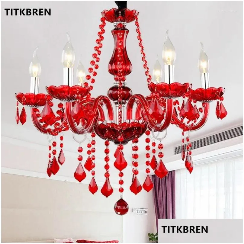 Chandeliers Red Color Crystal Chandelier Bedroom Living Lighting European Style Candle Pendant Lamp E14 LED Bulb Wedding Decoration