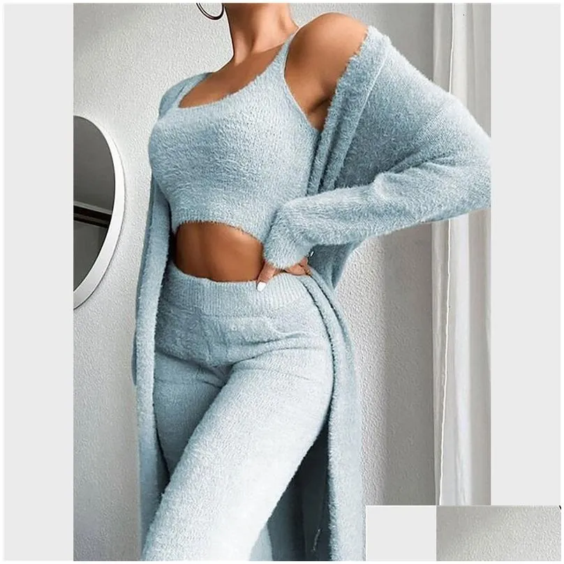 women`s two piece pants autumn winter soft fluffy three piece sets women sexy off shoulder crop tops and long pants homesuit casual ladies 3 piece suit