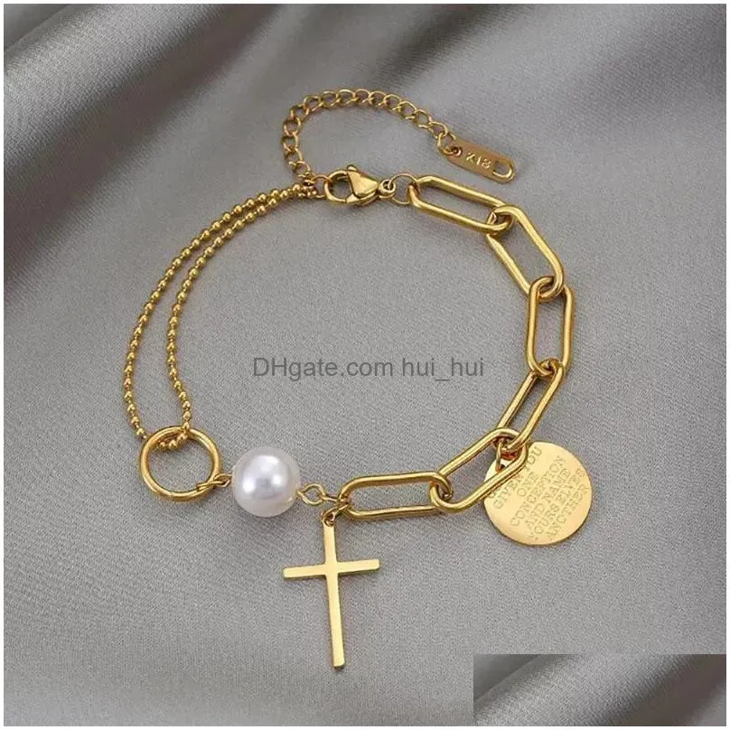charm bracelets stainless steel layered golden pendant bracelet for women retro punk gothic portrait coin cross pearl jewelry