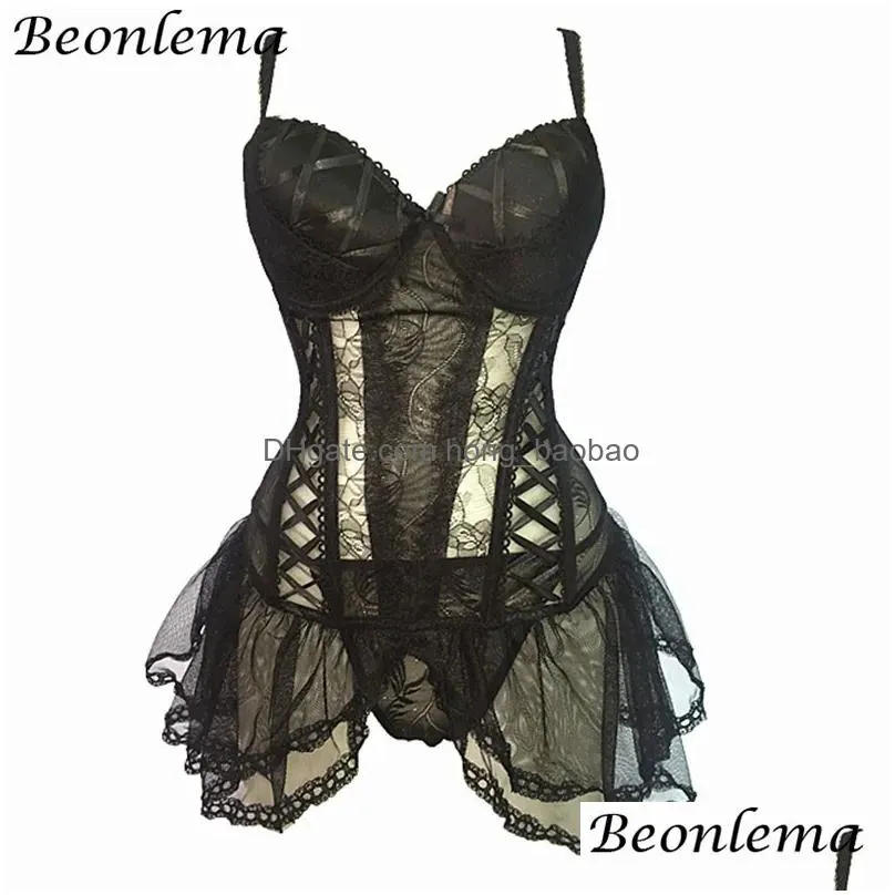 shaper beonlema transparent sexy women clubwear lingeries black underbust corset top lace bustier dress lolita bayan korse j190701