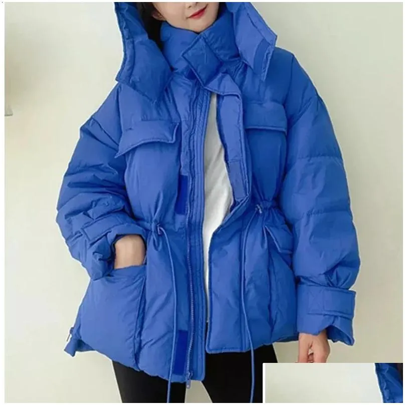 women`s down parkas yellow winter hooded warm jacket women cotton coat irregular fluffy bubble drawcord waist outwear long 231116