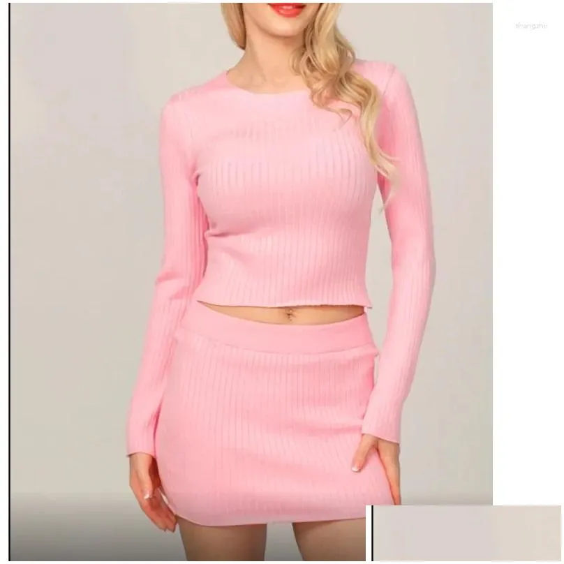 work dresses women rib knitted 2pcs solid color autumn winter long sleeve crop tops pencil mini skirts set bodycon outfits club