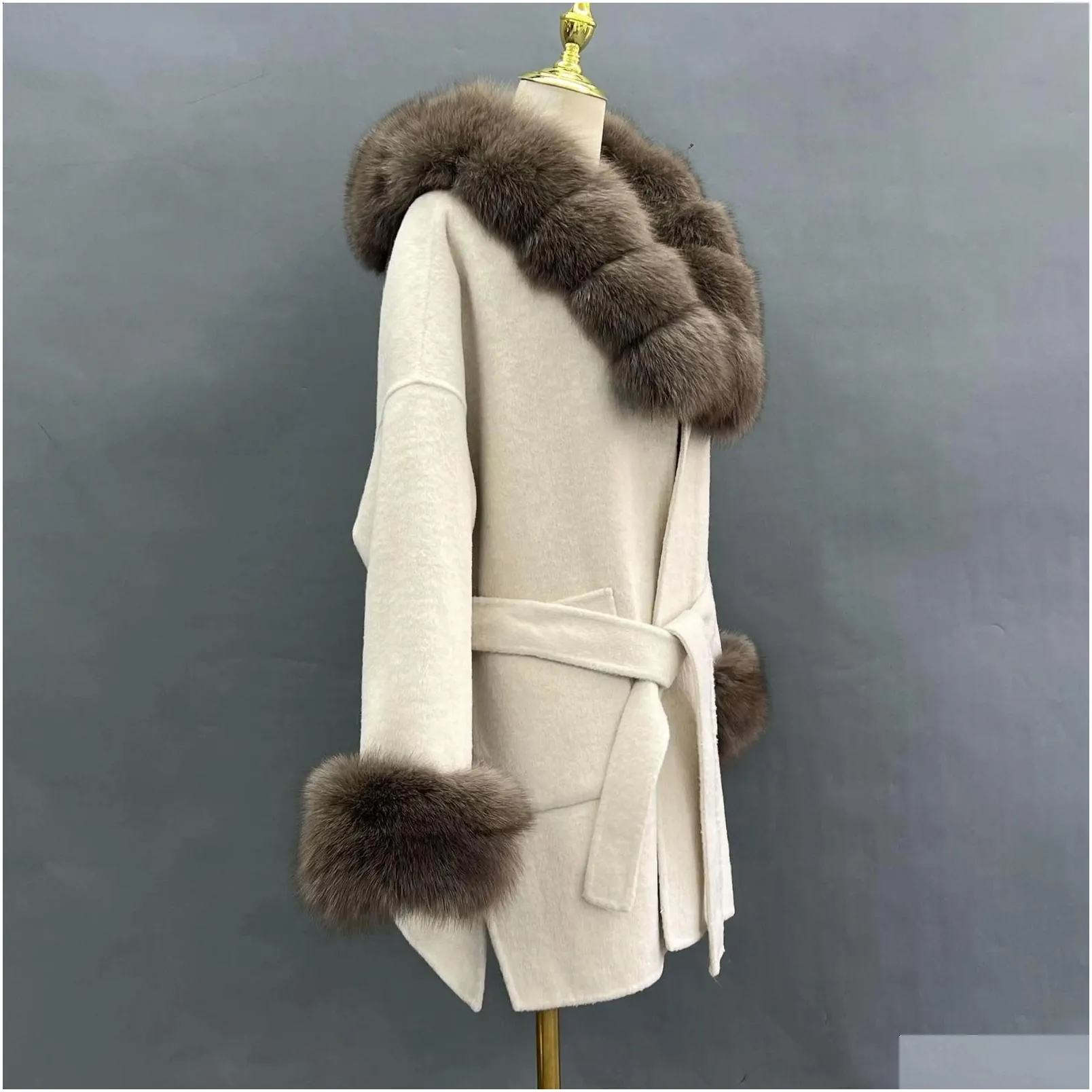 women`s wool blends janefur real fur coat oversized 2023 fashion luxury white belted long cashmere with natural 231116