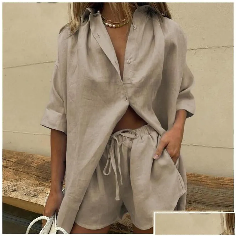 womens tracksuits womens women lounge wear shorts set short sleeve shirt tops and loose mini suit two piece cotton linen summer tra