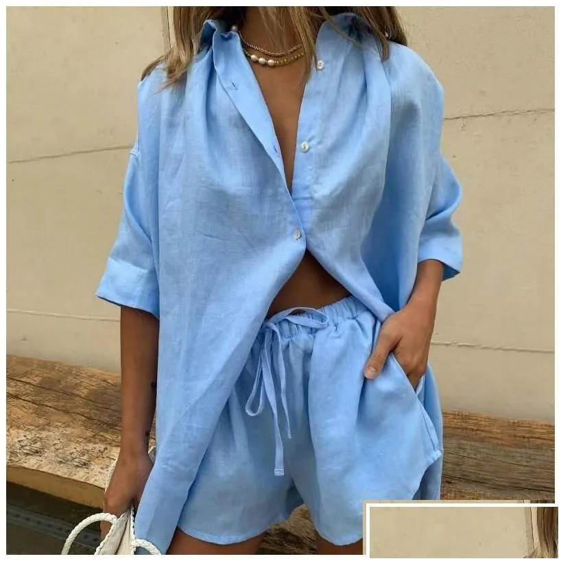 womens tracksuits womens women lounge wear shorts set short sleeve shirt tops and loose mini suit two piece cotton linen summer tra