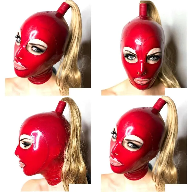 sexy exotic lingerie handmade red latex hoods with blond wig tress ponytail cekc club wear fetish costumes costomize size XS-XXL L0407