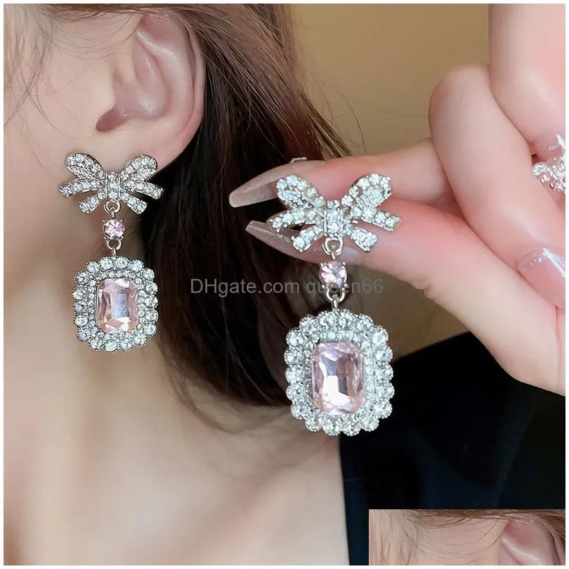 Luxury Jewelry Set Silver Plated Pink Geometry Pendant Women Crystal Rhinestone Bow Choker Necklace Stud Earrings Party Wedding Gift