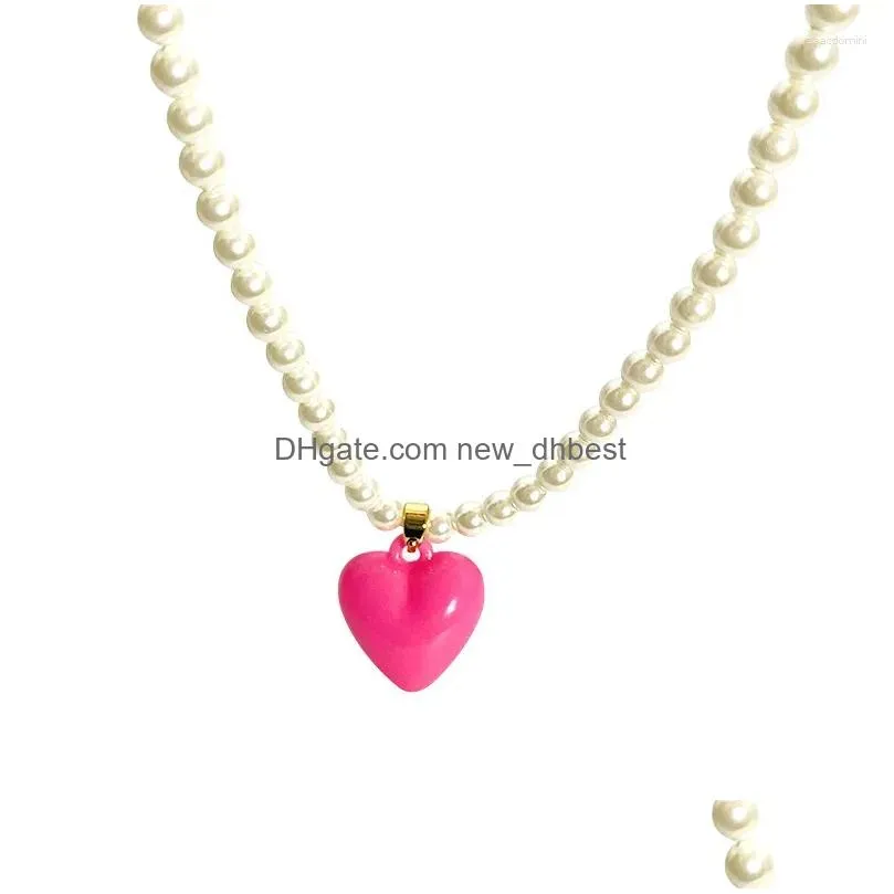 Pendant Necklaces Candy Color Heart Pendent Pearl Necklace Gold Plated For Women Summer Holiday