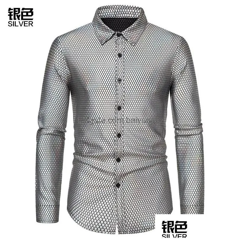 mens dress shirts mens retro 70s disco clothing diamond lattice bronzing stage printing casual for men 