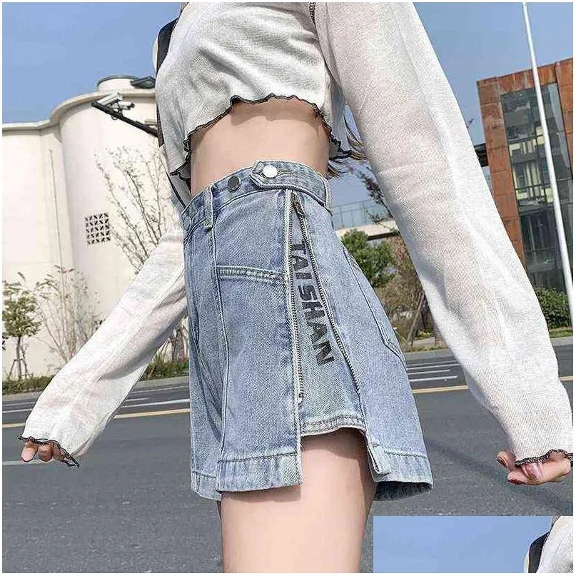 retro harajuku denim shorts women`s summer loose wide legs fashion thin jeans ladies straight high waist pants streetwear 211129