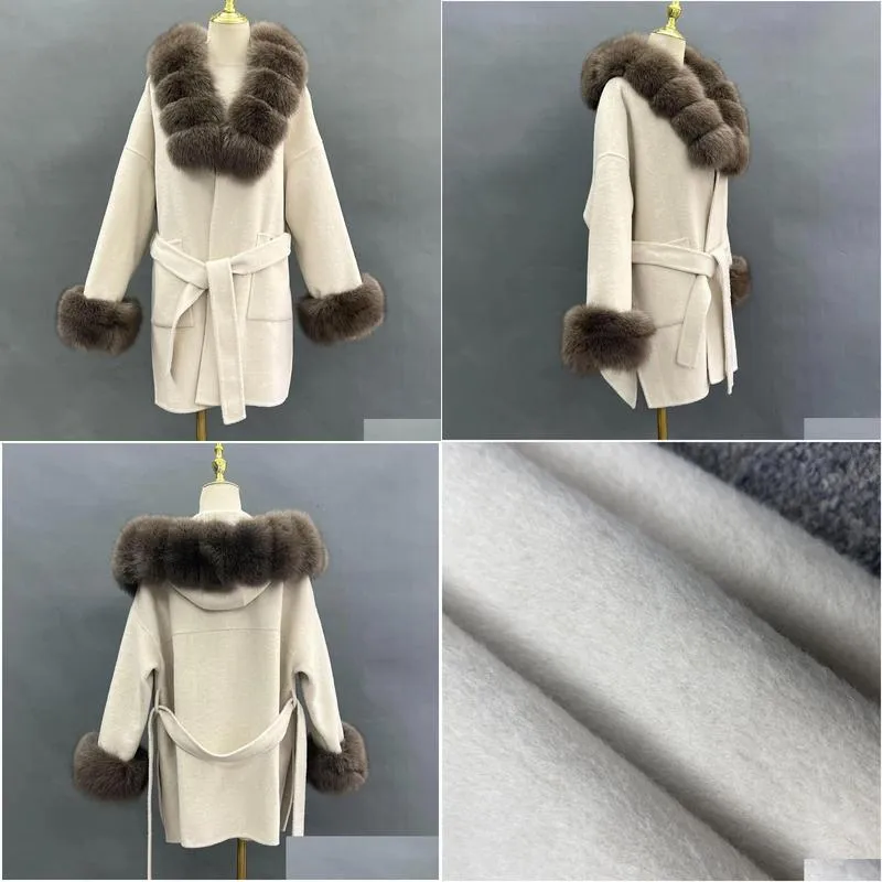 women`s wool blends janefur real fur coat oversized 2023 fashion luxury white belted long cashmere with natural 231116