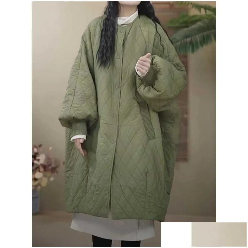 women`s trench coats new loose diamond grid cotton cladding autumn and winter coat women`s spring and autumn mid length versatile casual windbreaker cotton coat