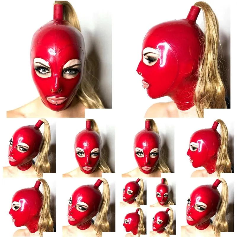 sexy exotic lingerie handmade red latex hoods with blond wig tress ponytail cekc club wear fetish costumes costomize size XS-XXL L0407