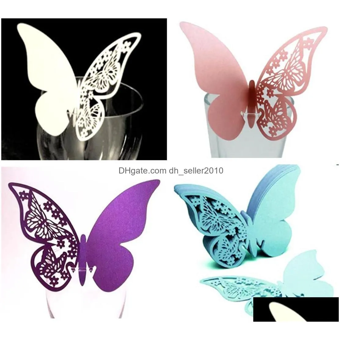 party decoration table mark name paper laser cut cards butterfly shape wine glass place card for wedding