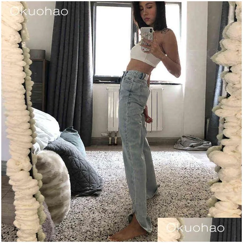 okuohao high waist jeans straight leg pants women wide loose fashon boyfriend sale items for 211129