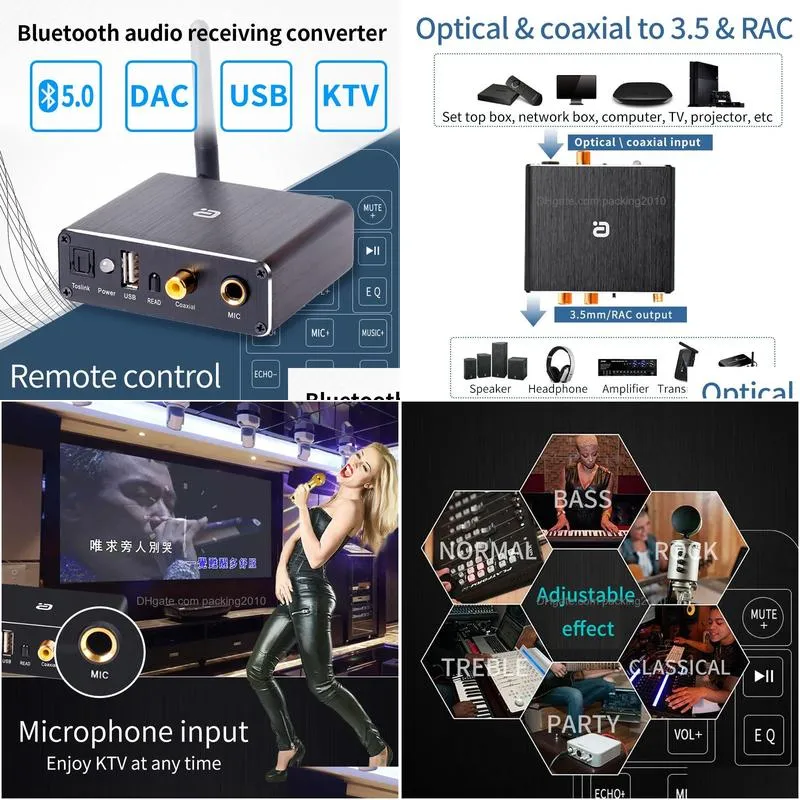 Turntables Audio Dac Decoder Adapter Bluetooth 5.0 Receiver Amp Udisk Player Ktv Microphone Adapter Optical Coaxial to Analog