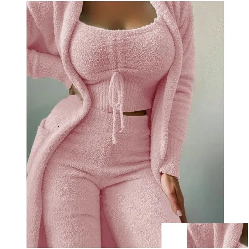 women`s two piece pants autumn winter soft fluffy three piece sets women sexy off shoulder crop tops and long pants homesuit casual ladies 3 piece suit