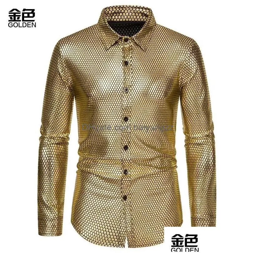 mens dress shirts mens retro 70s disco clothing diamond lattice bronzing stage printing casual for men 