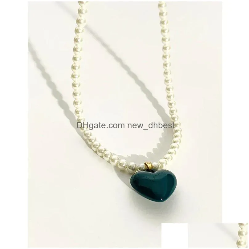 Pendant Necklaces Candy Color Heart Pendent Pearl Necklace Gold Plated For Women Summer Holiday