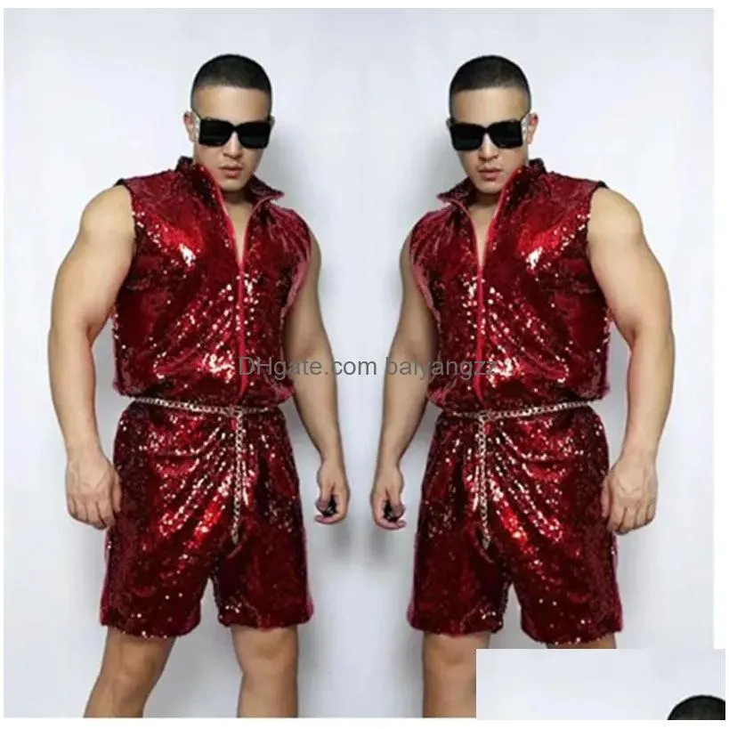 stage wear 2 colors sequins jumpsuit adult male nightclub dancer outfit muscle man hip hop dance clothes sleeveless bodysuit