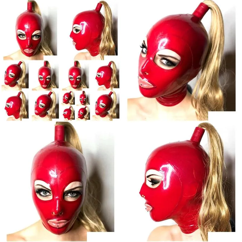 sexy exotic lingerie handmade red latex hoods with blond wig tress ponytail cekc club wear fetish costumes costomize size XS-XXL L0407