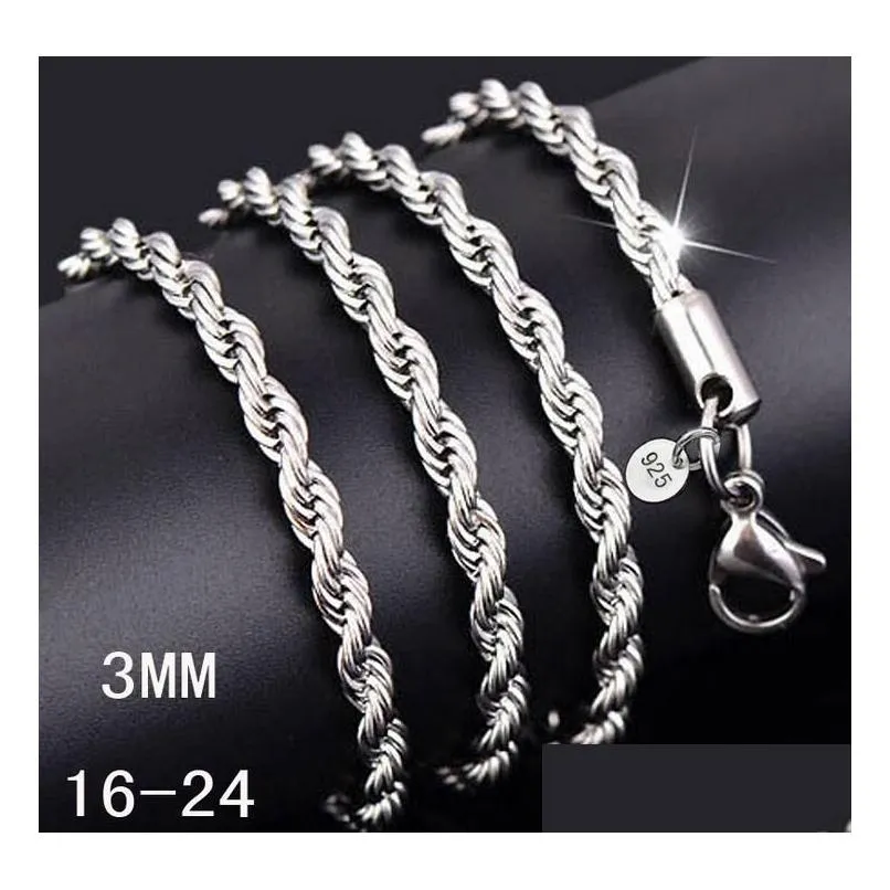 925 Sterling Silver Necklace Chains 3MM 16-30 inch Pretty Cute Fashion Charm Rope Chain Necklaces Jewelry DIY accessories