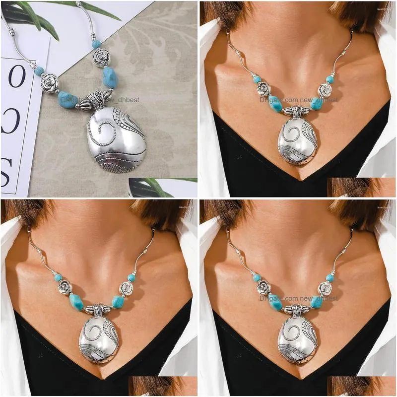 Chains Bohemian Vintage Tibetan Silver Turquoise Big Geometric Charm Pendant Choker Necklace For Women Party Jewelry Gifts Dz941
