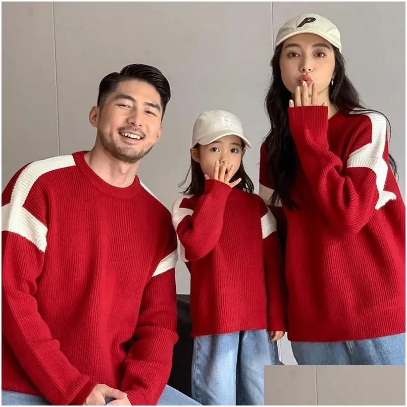 family matching outfits christmas red sweater mother and daughter fashion knitted parachute year 2024 father son 231115