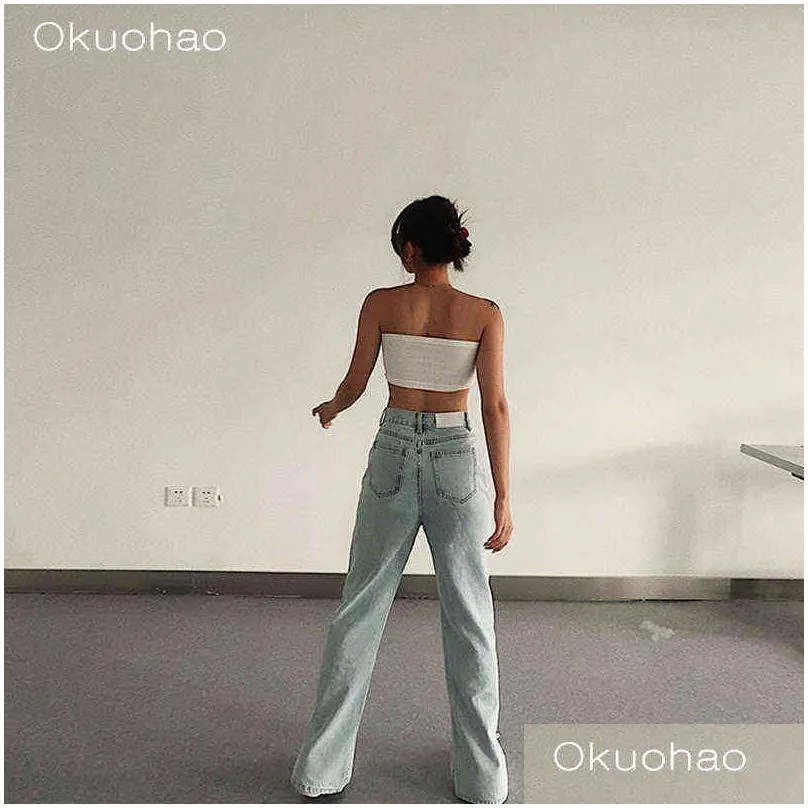 okuohao high waist jeans straight leg pants women wide loose fashon boyfriend sale items for 211129