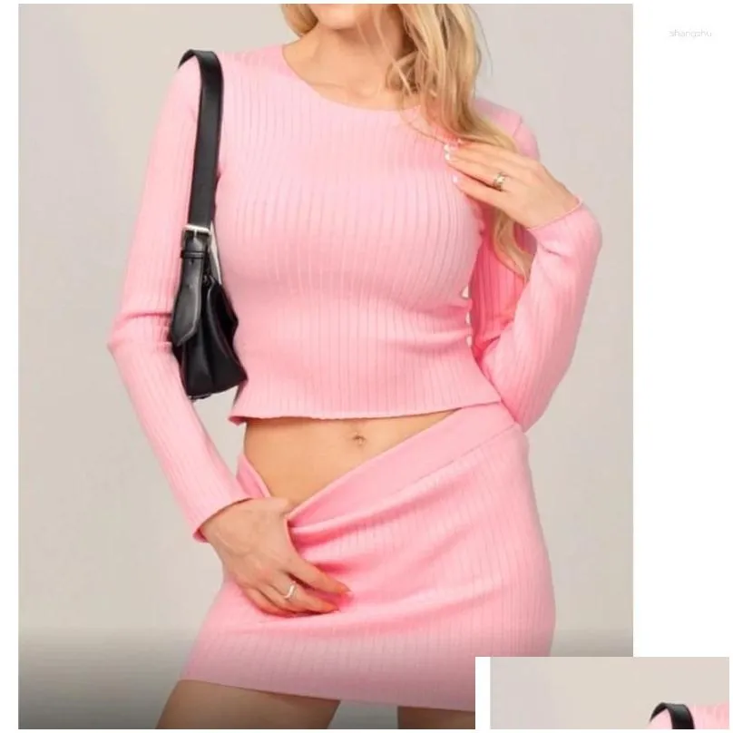 work dresses women rib knitted 2pcs solid color autumn winter long sleeve crop tops pencil mini skirts set bodycon outfits club