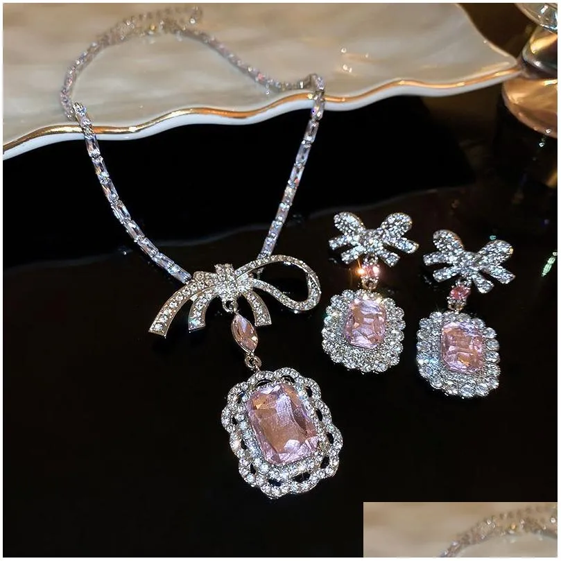 Luxury Jewelry Set Silver Plated Pink Geometry Pendant Women Crystal Rhinestone Bow Choker Necklace Stud Earrings Party Wedding Gift