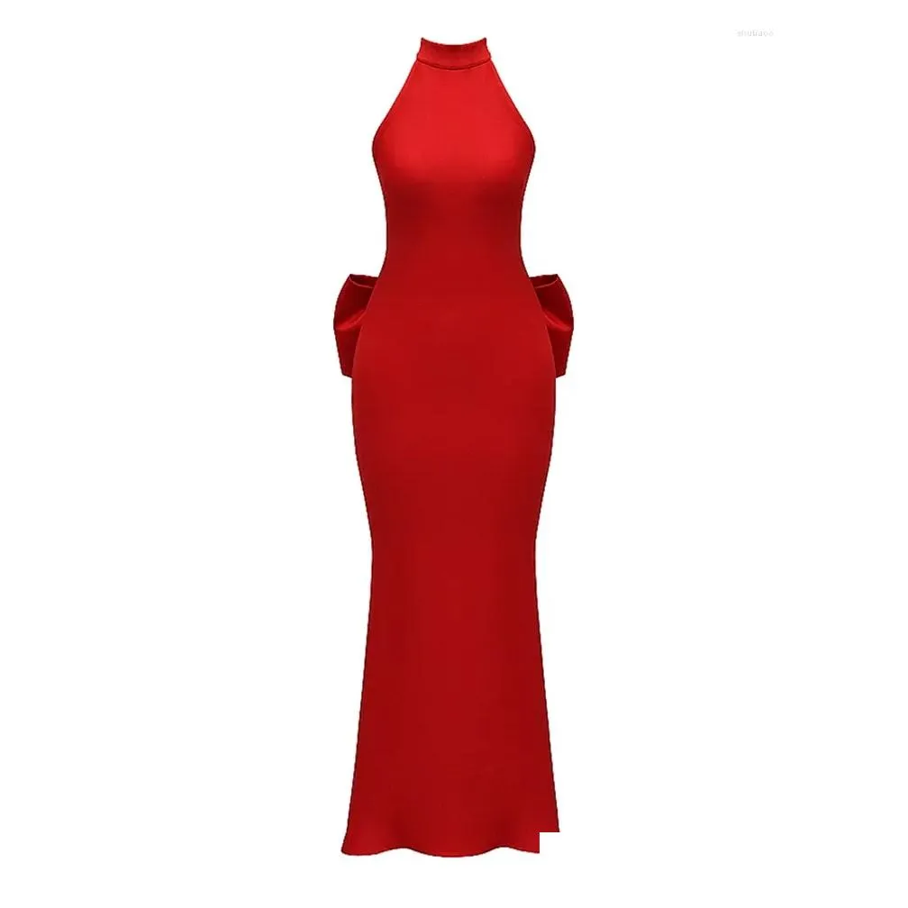 casual dresses sexy backless bow christmas bodycon long dress elegant red halter sleeveless designer slim evening party club