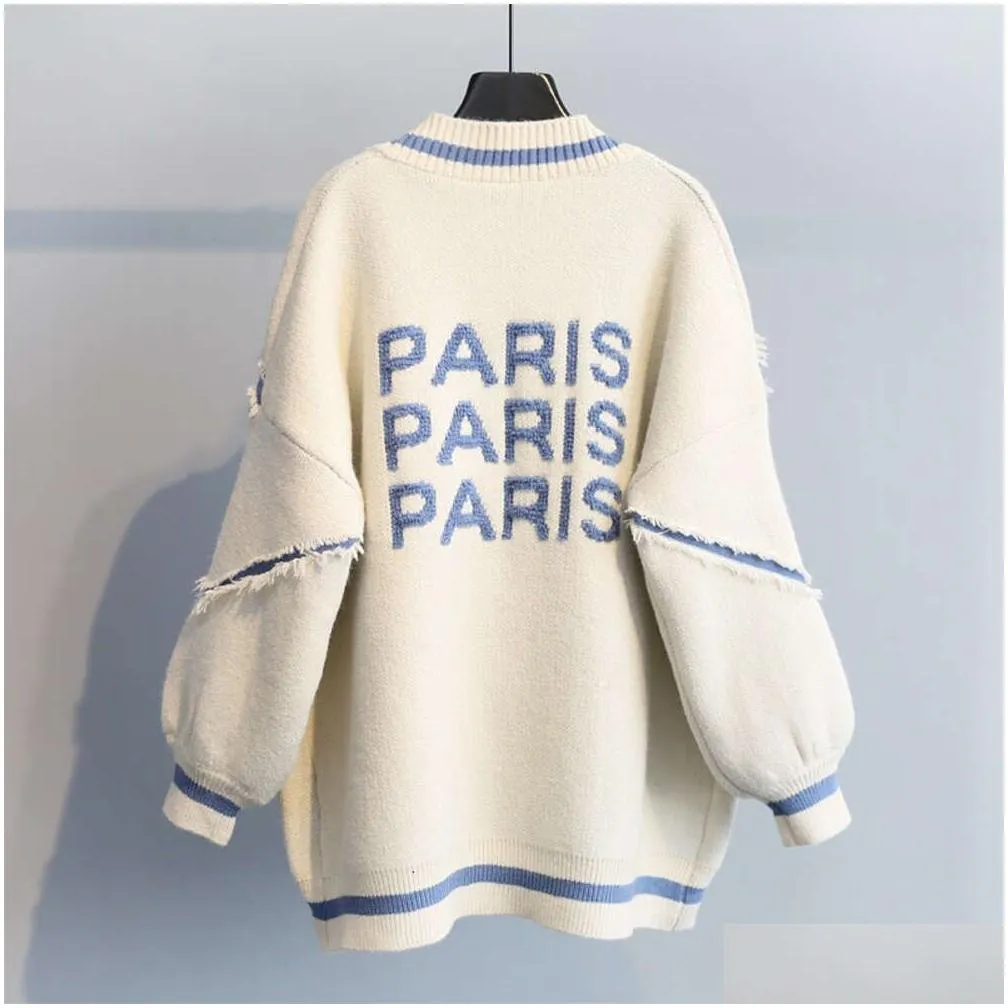 2023 new korean version loose letter thickened knitted medium length sweater cardigan autumn/winter coat women