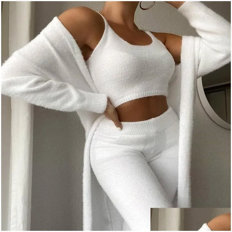 women`s two piece pants autumn winter soft fluffy three piece sets women sexy off shoulder crop tops and long pants homesuit casual ladies 3 piece suit