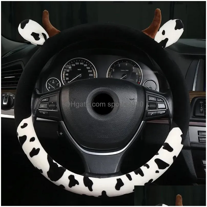 Steering Wheel Covers Cute Cow Ear Car Cover Winter Plush Warmth Handlebar Universal 36-39CM