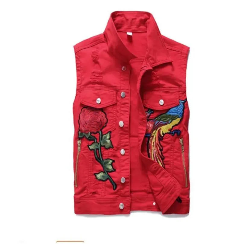 brand mens red vest fashion autumn embroidery phoenix flower vest womens motorcycle casual sportswear s-3xl