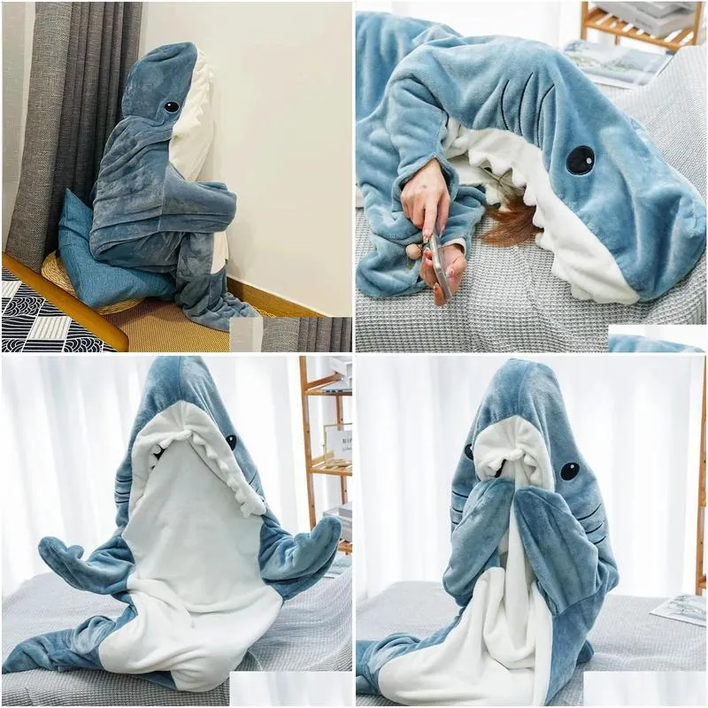 men`s sleepwear cartoon shark for sleeping pajamas office nap wearable loose winter men pajama sets adult blanket 231116